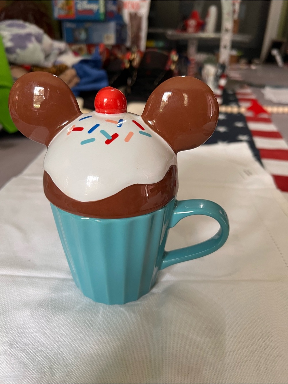 Disney Parks Mickey Ice Cream Sundae Cupcake Mug with Lid Ceramic 3D Sprinkle